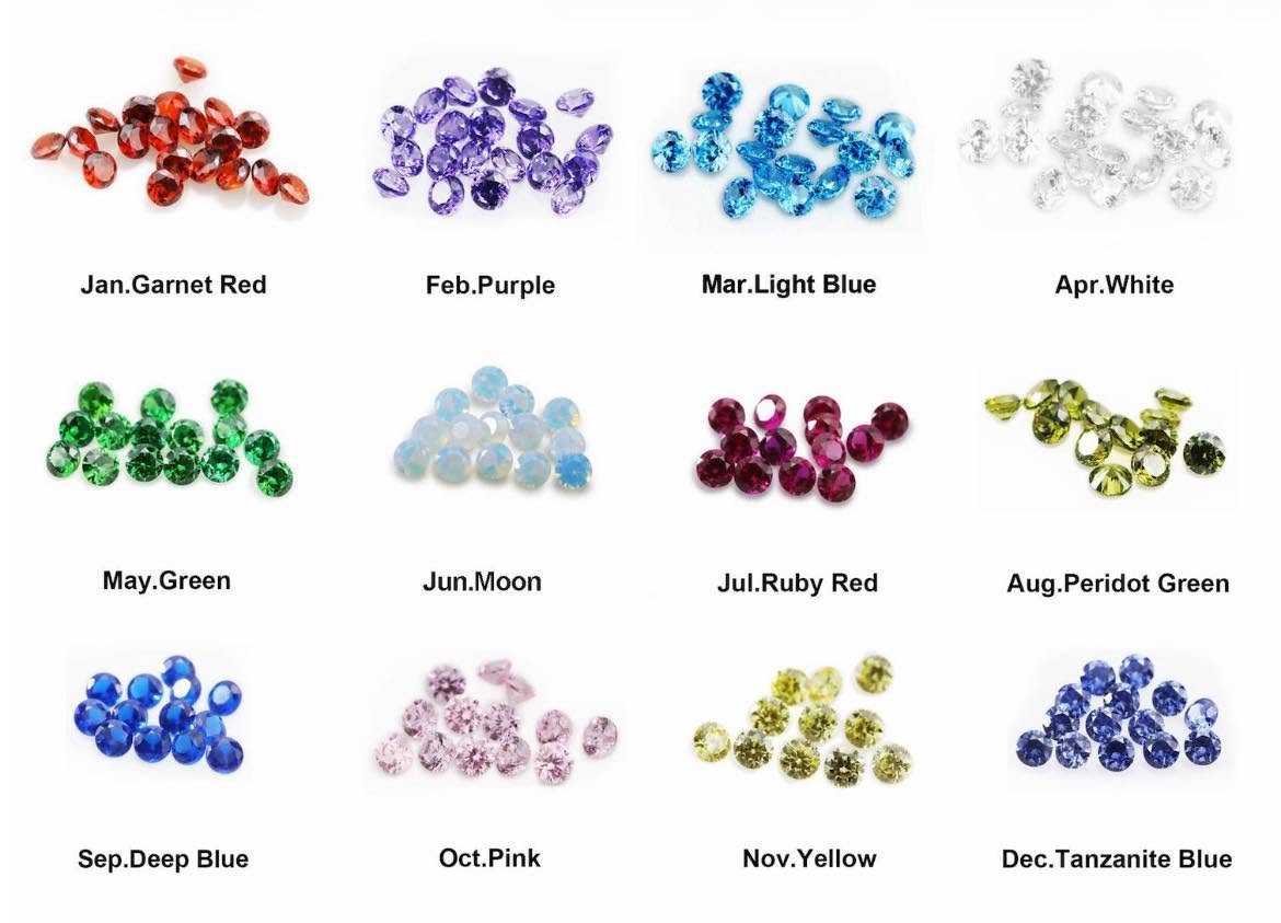 A grid of 12 small gemstone clusters labeled with months and color names, showing color options such as Garnet Red, Purple, Light Blue, White, Green, Moon opal, Ruby Red, Peridot Green, Deep Blue, Pink, Yellow, and Tanzanite Blue on a white background.